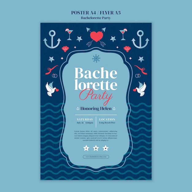 Free PSD flat design bachelorette party poster template