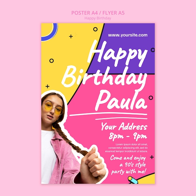 Free PSD flat design birthday party poster template