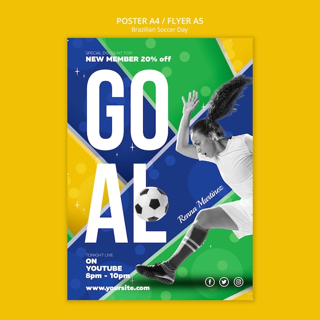 Free PSD flat design brazilian football poster template