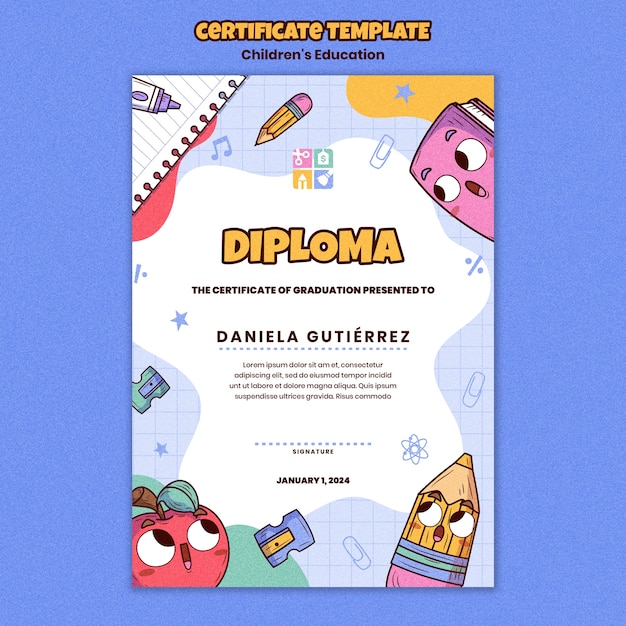 Free PSD flat design children's education certificate