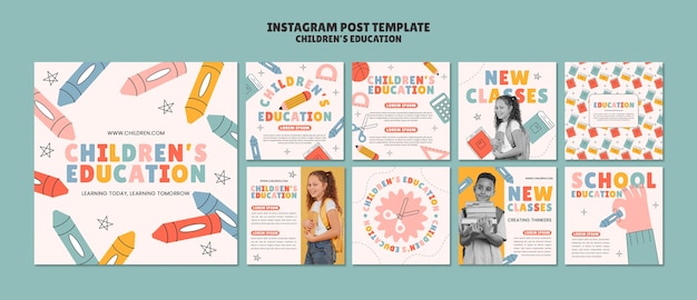 Free PSD flat design children's education  instagram posts