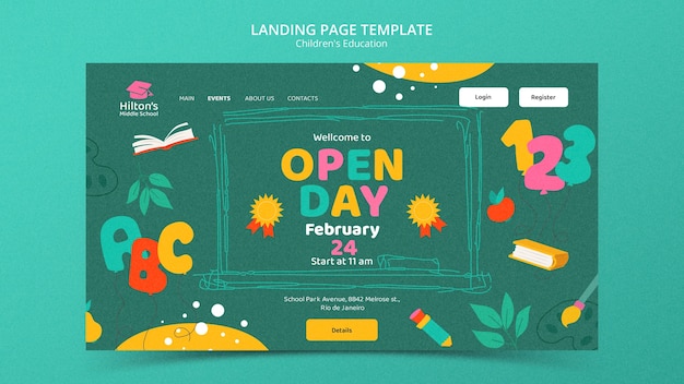 Flat design children's education landing page