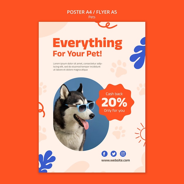 Free PSD flat design cute pets poster template