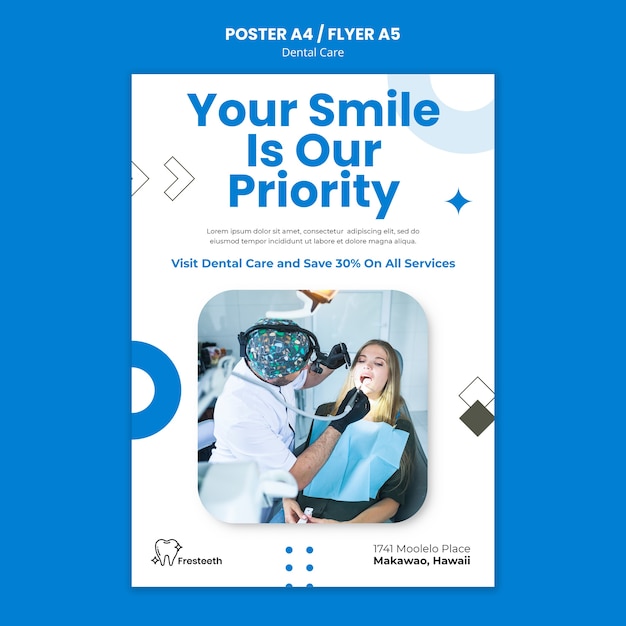 Flat design dental care poster or flyer template