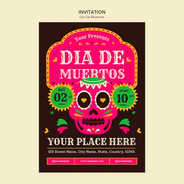 Free PSD flat design dia de muertos celebration invitation