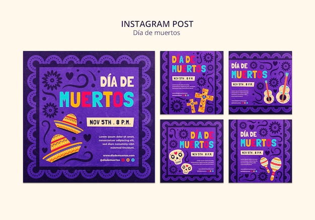 Free PSD flat design día de muertos instagram posts