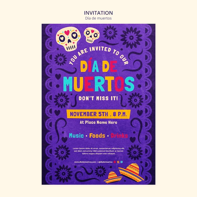 Free PSD flat design día de muertos invitation template