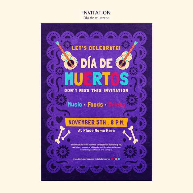 Free PSD flat design día de muertos invitation