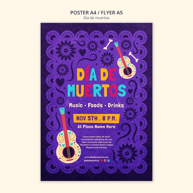 Free PSD flat design día de muertos poster template