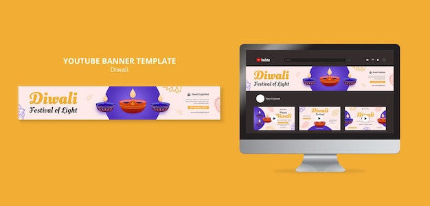 Free PSD flat design diwali celebration youtube banner