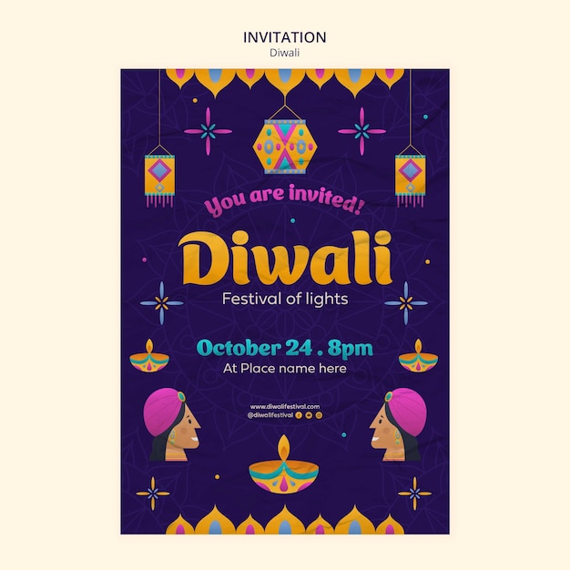 Free PSD flat design diwali invitation template