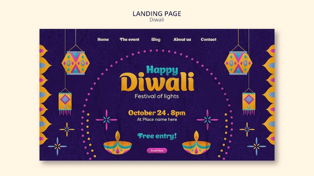 Free PSD flat design diwali landing page template