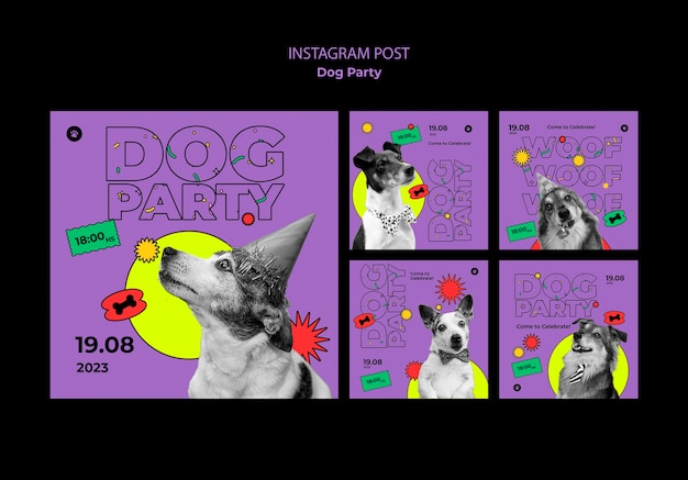 Free PSD flat design dog party instagram posts