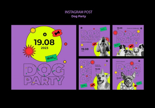 Free PSD flat design dog party instagram posts