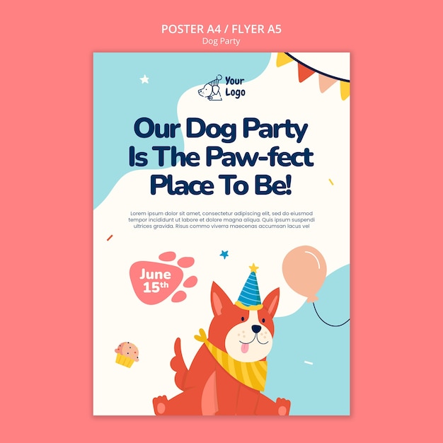 Free PSD flat design dog party poster template