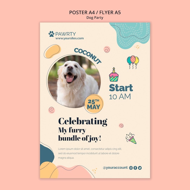 Flat design dog party poster template