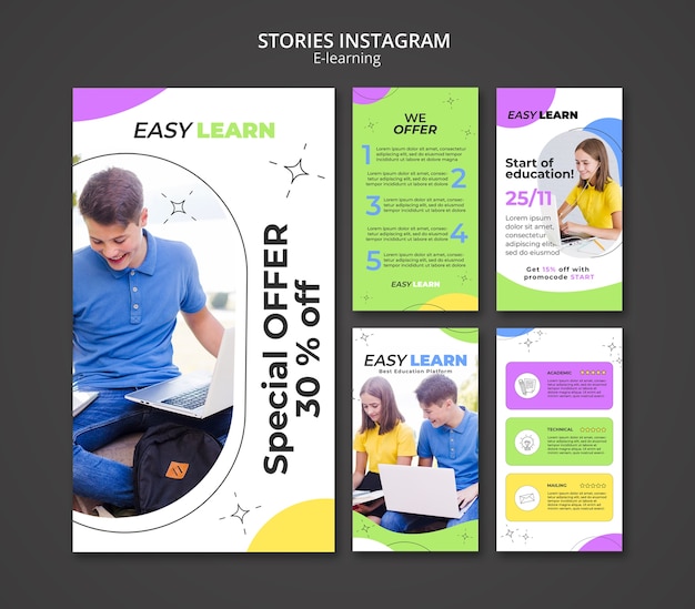 Free PSD flat design e-learning instagram stories template