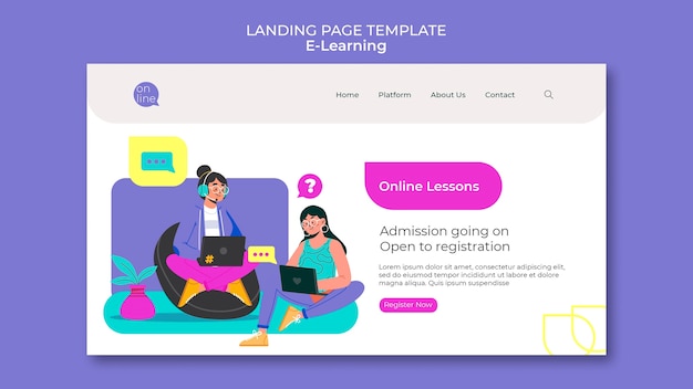 Flat design e learning landing page template