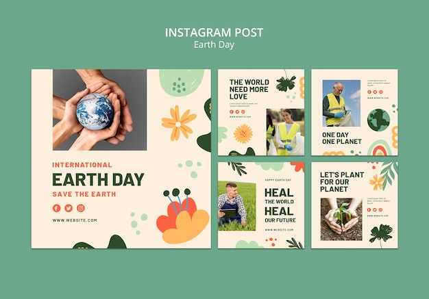 Free PSD flat design earth day instagram posts template