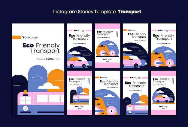 Free PSD flat design eco transport instagram stories