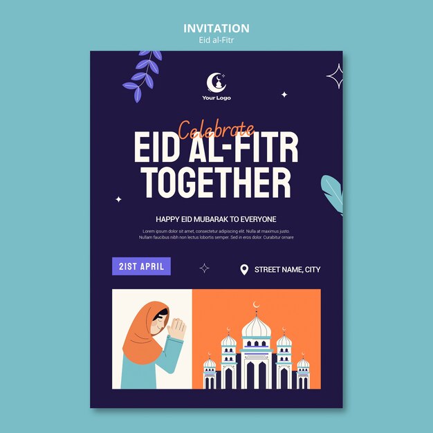 Flat design eid al fitr invitation template