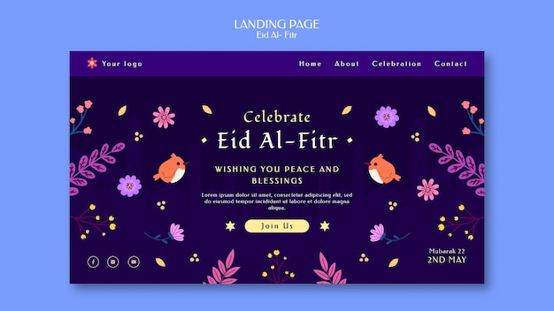 Free PSD flat design eid al fitr landing page template