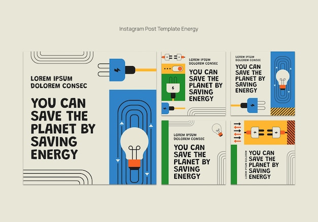 Free PSD flat design energy reduce instagram posts