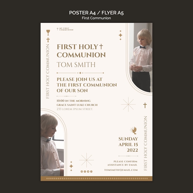 Free PSD flat design first communion poster template