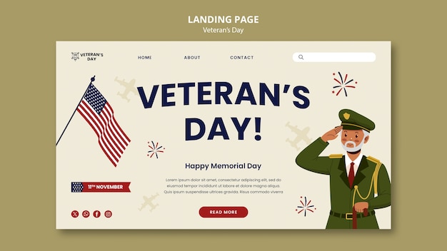 Free PSD flat design flveteran's day landing page