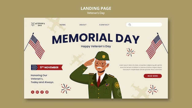 Free PSD flat design flveteran's day landing page