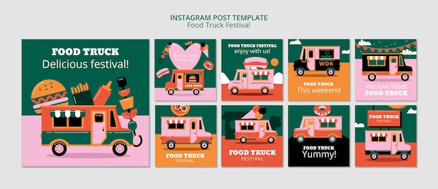 Flat design food truck festival instagram post set