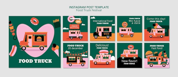 Free PSD flat design food truck festival instagram posts