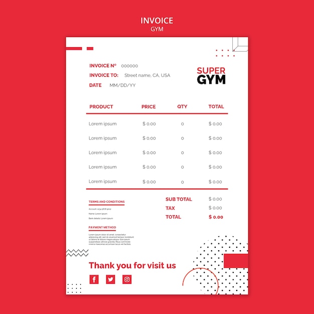 Free PSD flat design gym training invoice template