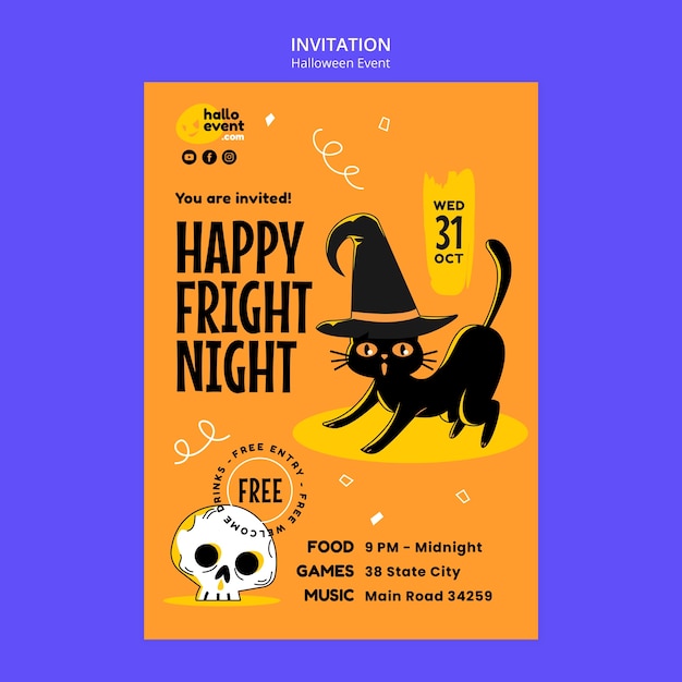 Free PSD flat design halloween celebration invitation template