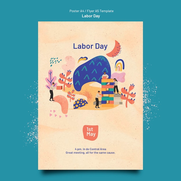 Free PSD flat design labor day poster template