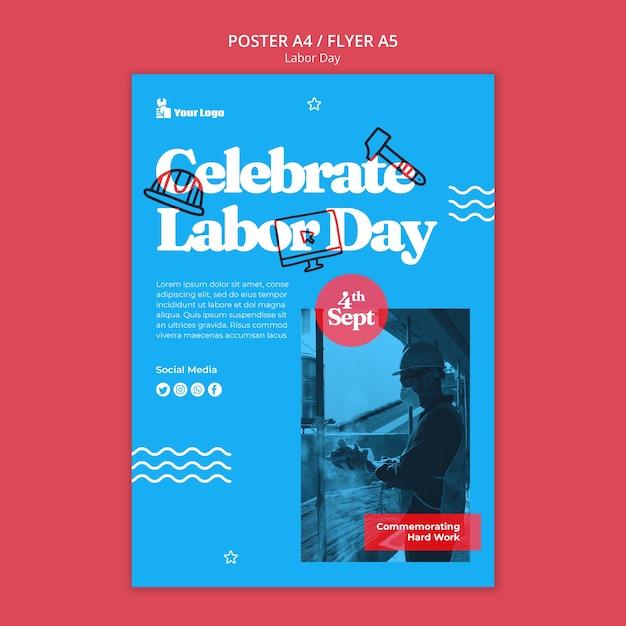 Free PSD flat design labor day poster template