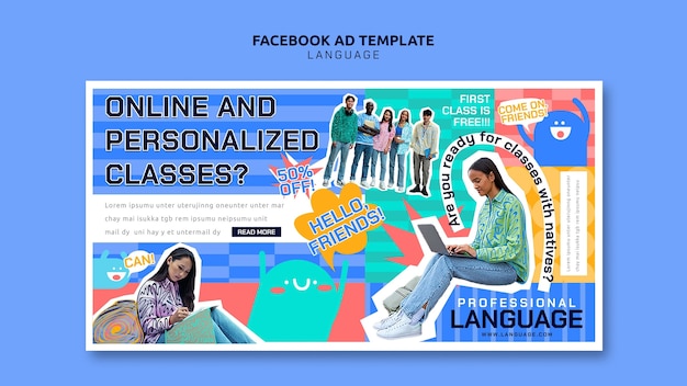 Free PSD flat design language learning facebook template