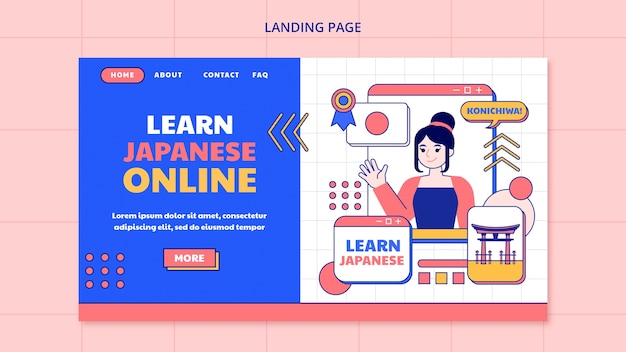 Free PSD flat design language learning landing page