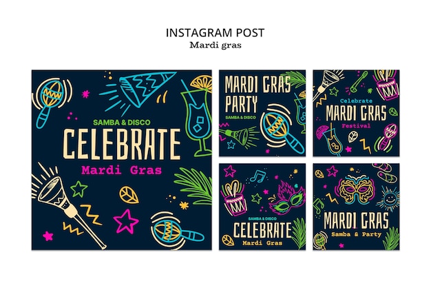 Free PSD flat design mardi gras instagram posts