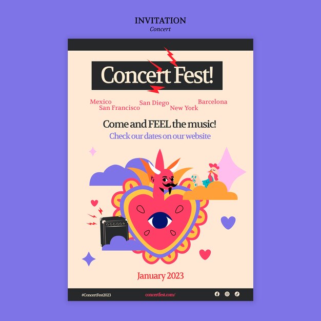 Flat design music concert invitation template