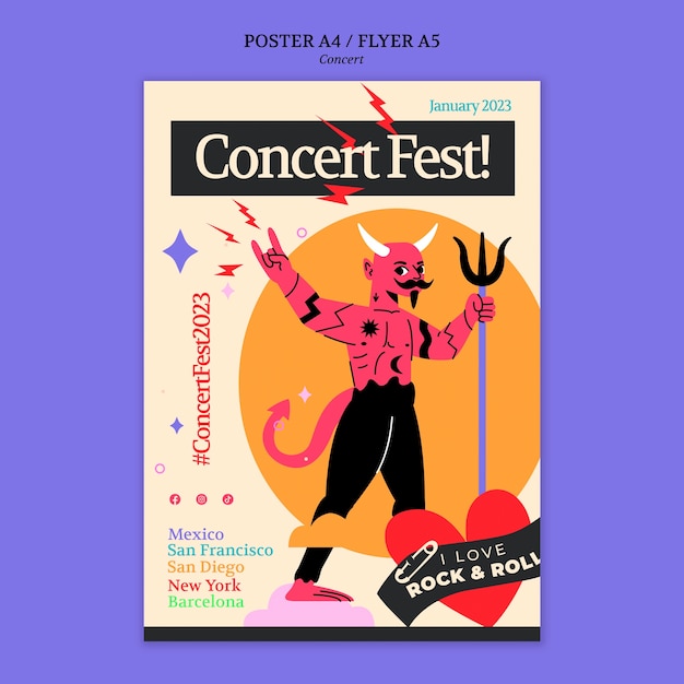 Flat design music concert poster template