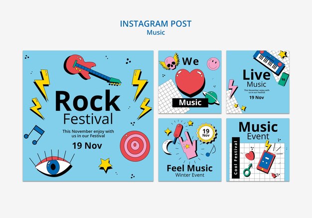 Flat design music festival instagram posts set