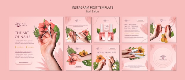 Free PSD flat design nail salon  instagram posts