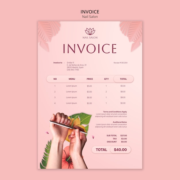 Free PSD flat design nail salon invoice template