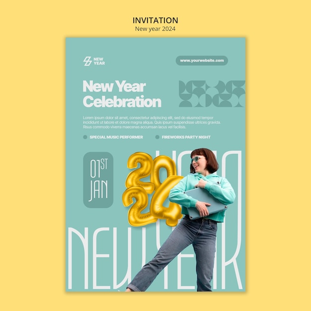 Free PSD flat design  new year 2024 invitation template