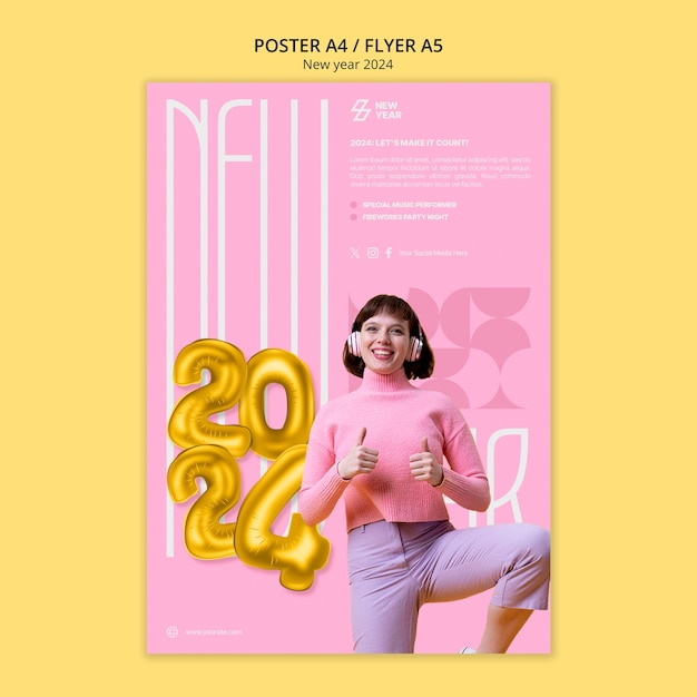 Free PSD flat design  new year 2024 poster template