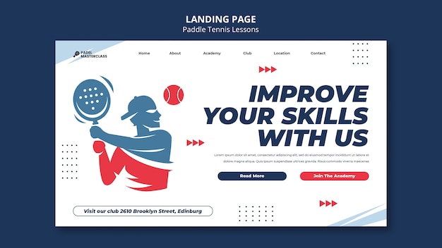 Flat design paddle tennis lessons landing page template