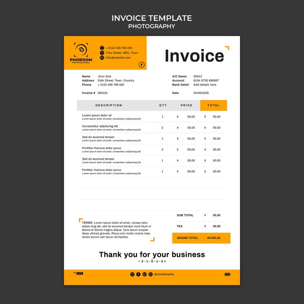 Flat design photography invoice template