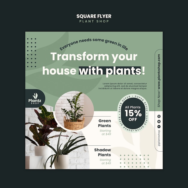 Flat design plant care square flyer template