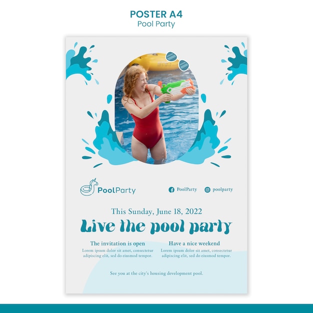 Free PSD flat design pool party poster template